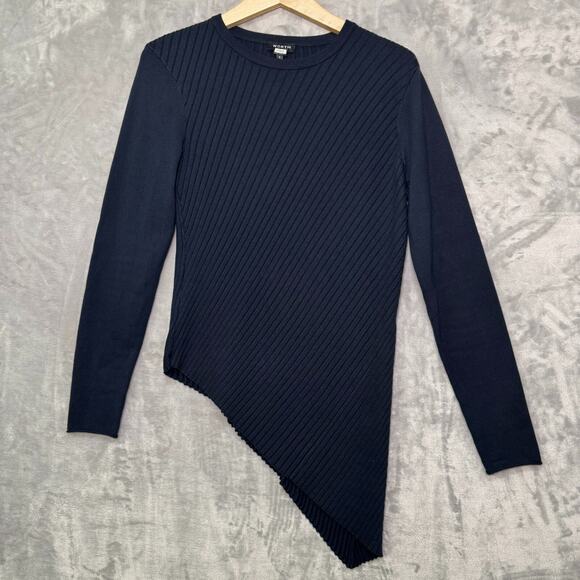 Worth Sweater Womens Small Ribbed Navy Blue Cotton Silk Knit Asymmetric Hem - Picture 1 of 10